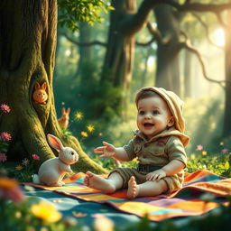 An enchanting children’s story scene depicting a toddler boy around 10 months old, sitting joyfully on a colorful blanket amidst the lush greenery of a magical forest