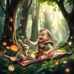 An enchanting children’s story scene depicting a toddler boy around 10 months old, sitting joyfully on a colorful blanket amidst the lush greenery of a magical forest