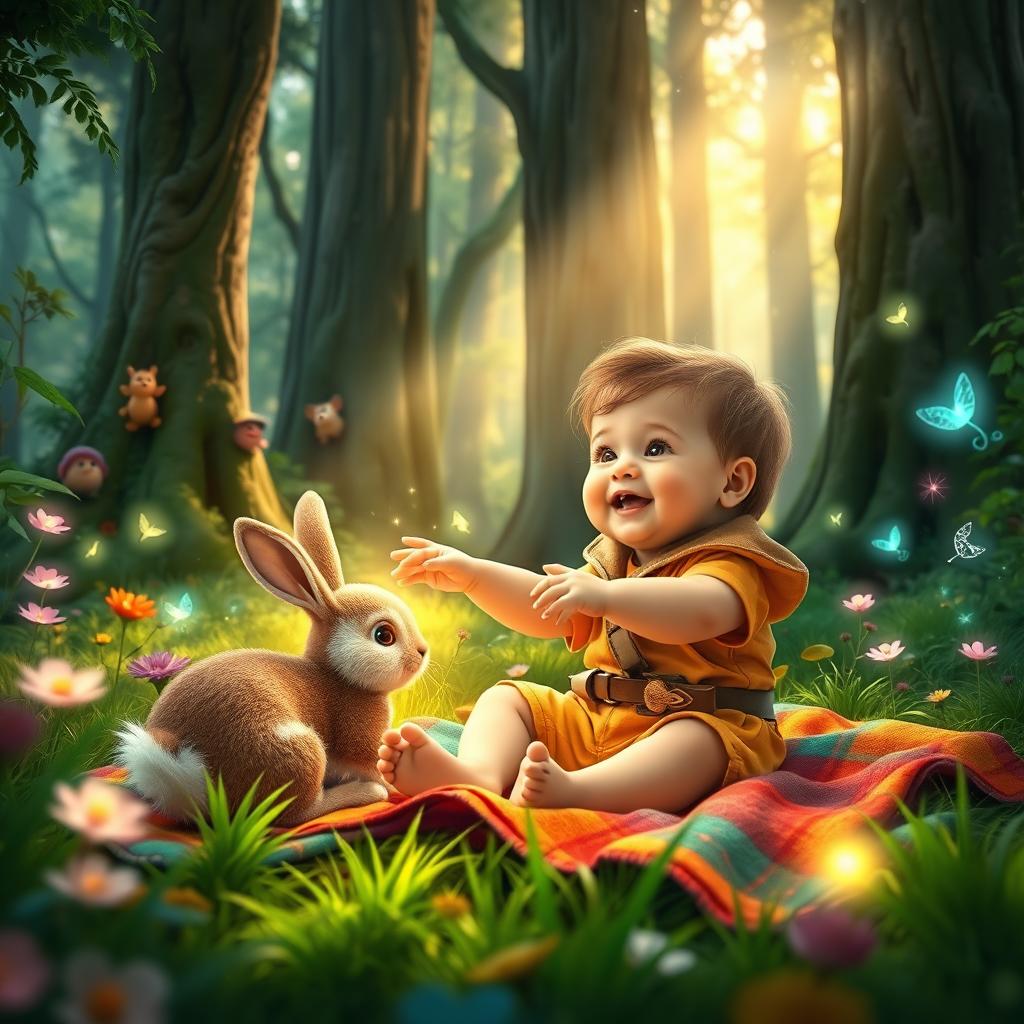 An enchanting children’s story scene depicting a toddler boy around 10 months old, sitting joyfully on a colorful blanket amidst the lush greenery of a magical forest