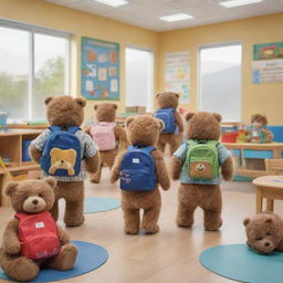 A cheerful scene depicting multiple bears of different species, each with a small backpack, experiencing their first day in a vibrantly decorated kindergarten classroom filled with child-sized furniture, educational posters, and playful toys.