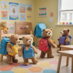 A cheerful scene depicting multiple bears of different species, each with a small backpack, experiencing their first day in a vibrantly decorated kindergarten classroom filled with child-sized furniture, educational posters, and playful toys.