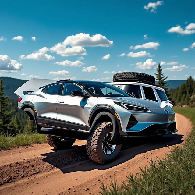 A sleek and futuristic SUV inspired by a fusion of Corvette C8 and SUV design, driving through a dense forest on a rugged offroad track