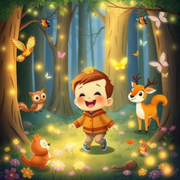 A delightful cartoon scene from "Benjimen's Adventures in the Enchanted Forest," featuring a 10-month-old toddler boy named Benjimen