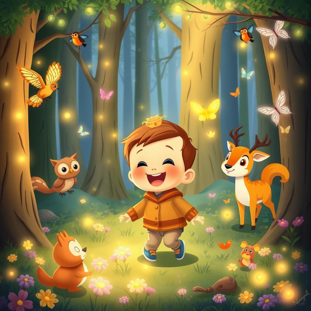 A delightful cartoon scene from "Benjimen's Adventures in the Enchanted Forest," featuring a 10-month-old toddler boy named Benjimen