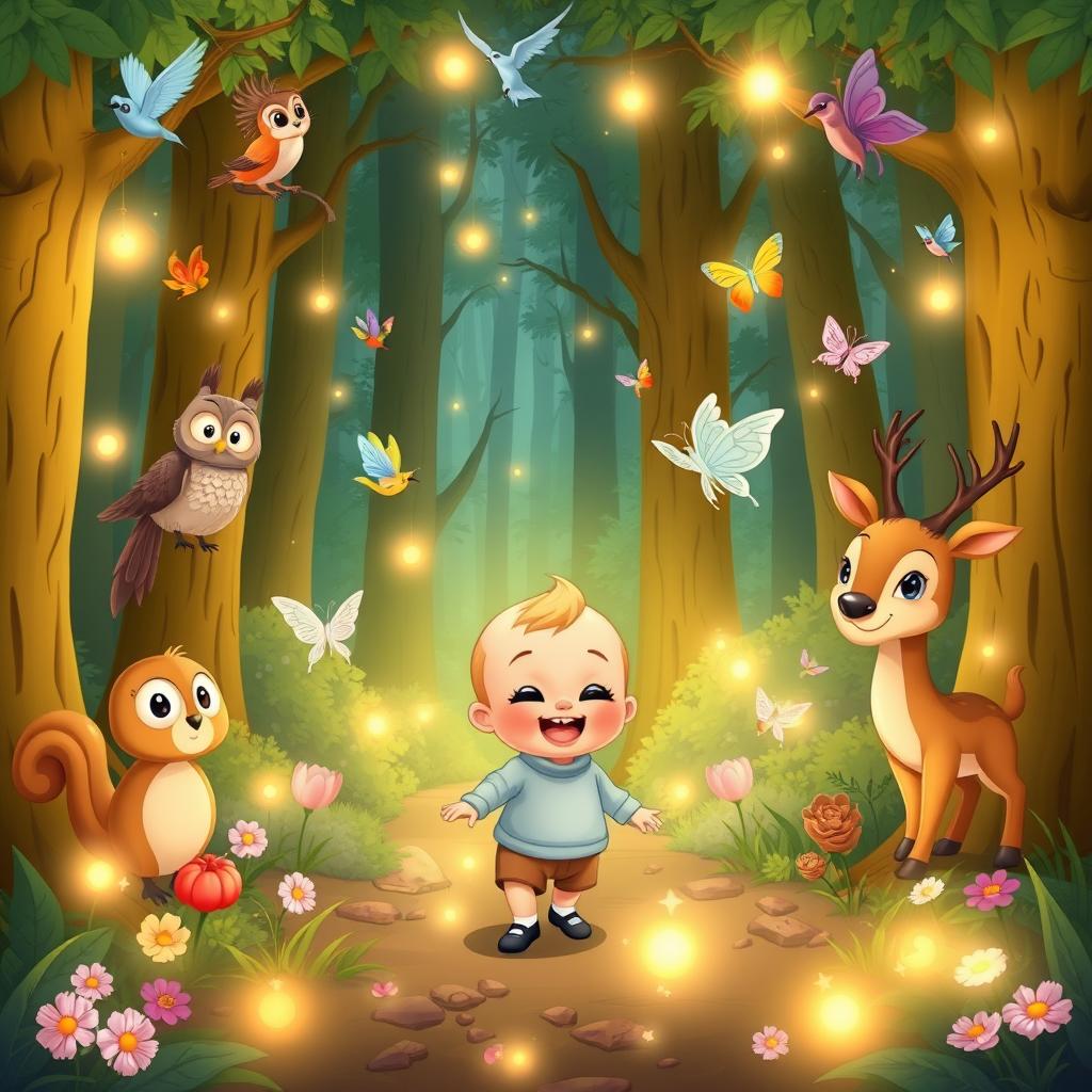 A delightful cartoon scene from "Benjimen's Adventures in the Enchanted Forest," featuring a 10-month-old toddler boy named Benjimen