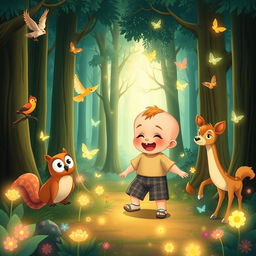 A delightful cartoon scene from "Benjimen's Adventures in the Enchanted Forest," featuring a 10-month-old toddler boy named Benjimen