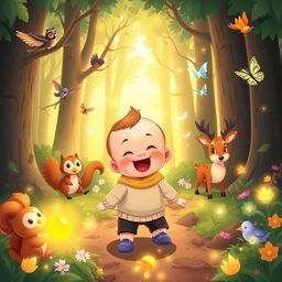 A delightful cartoon scene from "Benjimen's Adventures in the Enchanted Forest," featuring a 10-month-old toddler boy named Benjimen