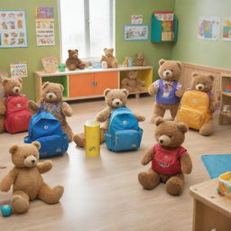 A cheerful scene depicting multiple bears of different species, each with a small backpack, experiencing their first day in a vibrantly decorated kindergarten classroom filled with child-sized furniture, educational posters, and playful toys.