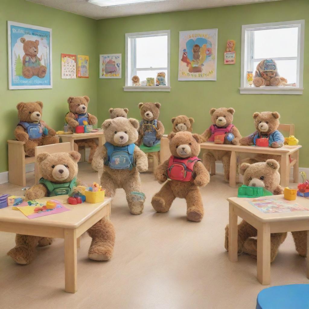 A cheerful scene depicting multiple bears of different species, each with a small backpack, experiencing their first day in a vibrantly decorated kindergarten classroom filled with child-sized furniture, educational posters, and playful toys.