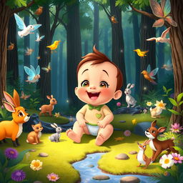 A whimsical animated scene from the children's movie "Benjimen's Adventures in the Enchanted Forest" featuring a 10-month-old toddler boy named Benjimen