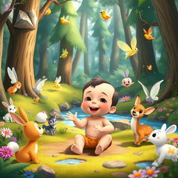 A whimsical animated scene from the children's movie "Benjimen's Adventures in the Enchanted Forest" featuring a 10-month-old toddler boy named Benjimen