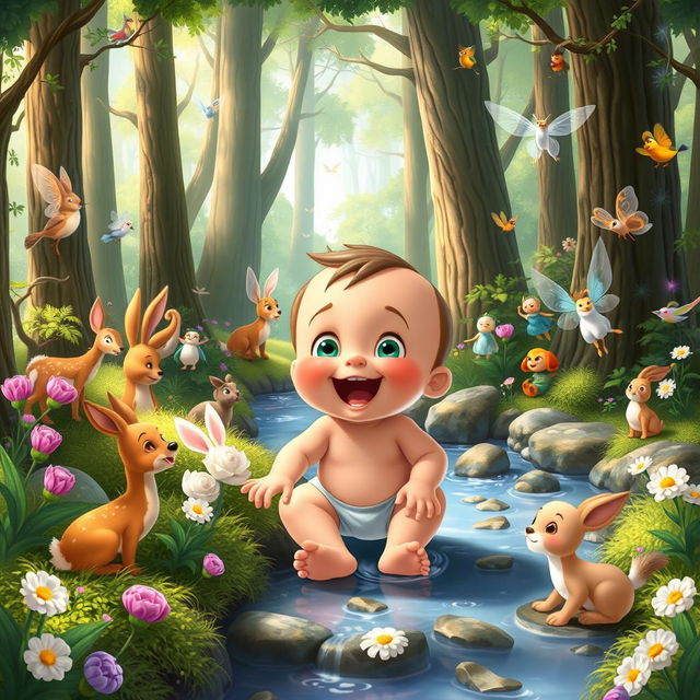 A whimsical animated scene from the children's movie "Benjimen's Adventures in the Enchanted Forest" featuring a 10-month-old toddler boy named Benjimen