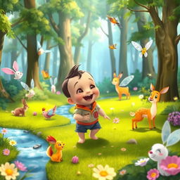 A whimsical animated scene from the children's movie "Benjimen's Adventures in the Enchanted Forest" featuring a 10-month-old toddler boy named Benjimen