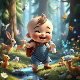 A whimsical animated scene from the children's movie "Benjimen's Adventures in the Enchanted Forest" featuring a 10-month-old toddler boy named Benjimen