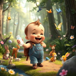 A whimsical animated scene from the children's movie "Benjimen's Adventures in the Enchanted Forest" featuring a 10-month-old toddler boy named Benjimen