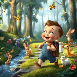 A whimsical animated scene from the children's movie "Benjimen's Adventures in the Enchanted Forest" featuring a 10-month-old toddler boy named Benjimen