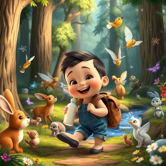 A whimsical animated scene from the children's movie "Benjimen's Adventures in the Enchanted Forest" featuring a 10-month-old toddler boy named Benjimen