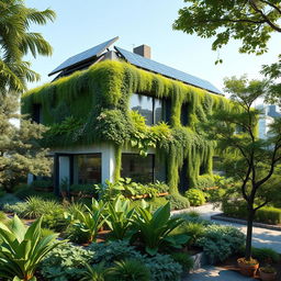 A photorealistic image of a sustainable building, showcasing green architecture with a modern, eco-friendly design