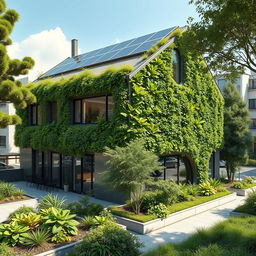 A photorealistic image of a sustainable building, showcasing green architecture with a modern, eco-friendly design