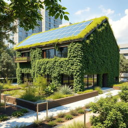 A photorealistic image of a sustainable building, showcasing green architecture with a modern, eco-friendly design