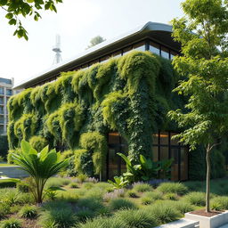 A photorealistic image of a sustainable building, showcasing green architecture with a modern, eco-friendly design