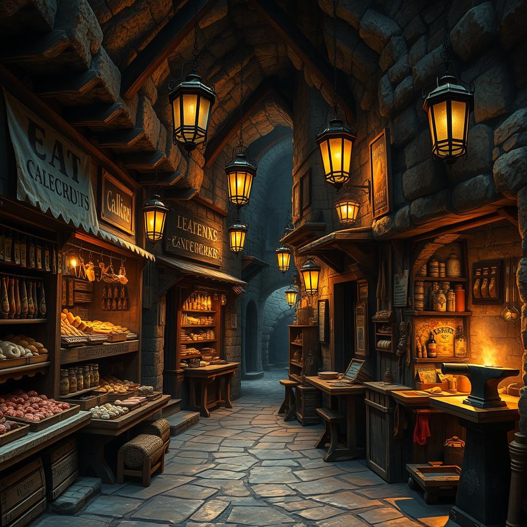 A bustling street in an underground village featuring various artisan shops: a butcher's stall with neatly displayed meats, a baker's shop emanating the warm aroma of fresh bread, a leatherworker's workshop showcasing exquisite handcrafted goods, and a blacksmith's forge glowing with the heat of freshly minted tools