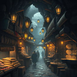 A bustling street in an underground village featuring various artisan shops: a butcher's stall with neatly displayed meats, a baker's shop emanating the warm aroma of fresh bread, a leatherworker's workshop showcasing exquisite handcrafted goods, and a blacksmith's forge glowing with the heat of freshly minted tools