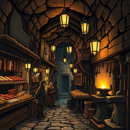 A bustling street in an underground village featuring various artisan shops: a butcher's stall with neatly displayed meats, a baker's shop emanating the warm aroma of fresh bread, a leatherworker's workshop showcasing exquisite handcrafted goods, and a blacksmith's forge glowing with the heat of freshly minted tools