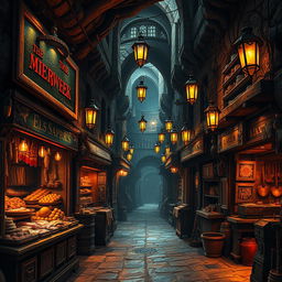 A bustling street in an underground village featuring various artisan shops: a butcher's stall with neatly displayed meats, a baker's shop emanating the warm aroma of fresh bread, a leatherworker's workshop showcasing exquisite handcrafted goods, and a blacksmith's forge glowing with the heat of freshly minted tools