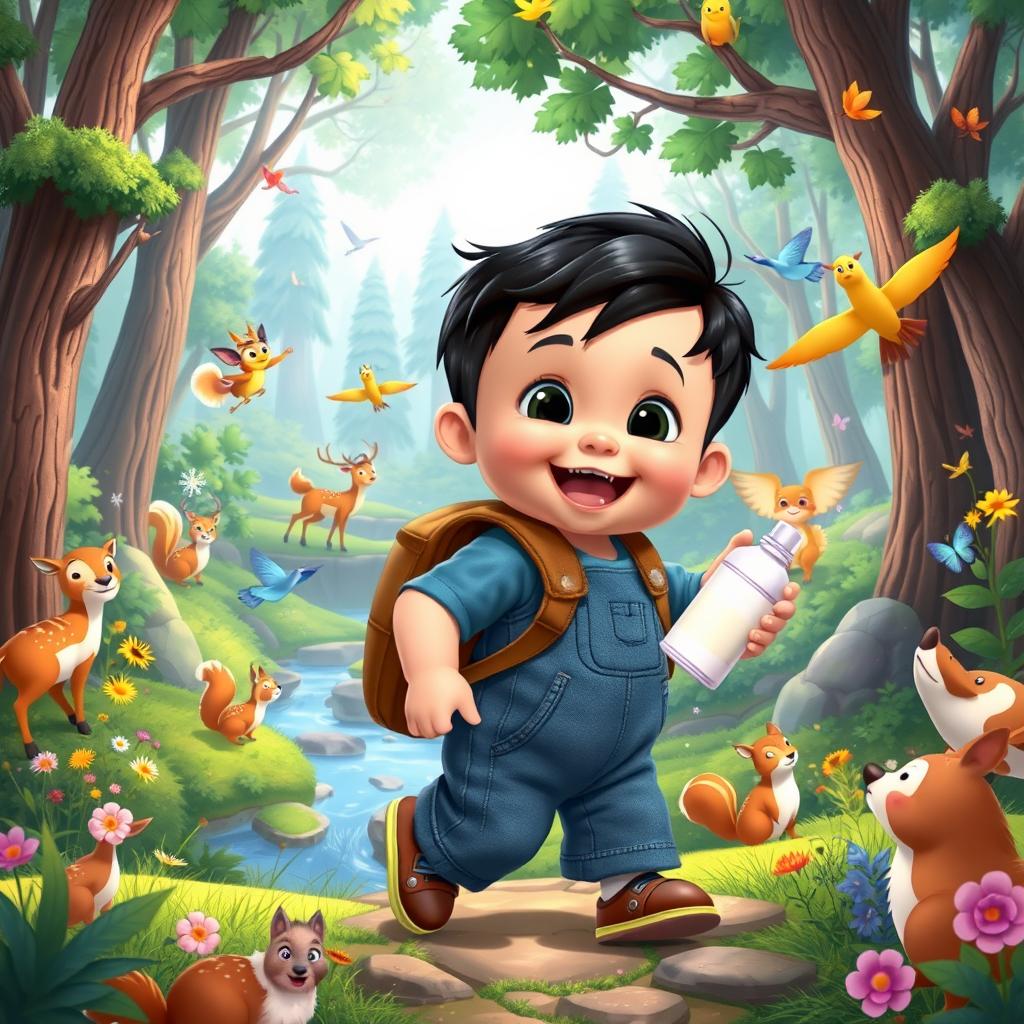 A cartoon scene from "Benjimen's Adventures in the Enchanted Forest," showing a toddler boy, about 10 months old, in a denim jumper and a brown backpack, holding a milk bottle