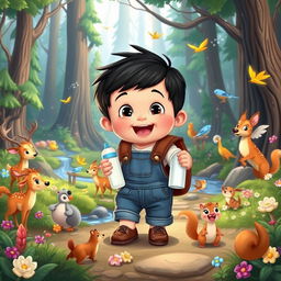 A cartoon scene from "Benjimen's Adventures in the Enchanted Forest," showing a toddler boy, about 10 months old, in a denim jumper and a brown backpack, holding a milk bottle