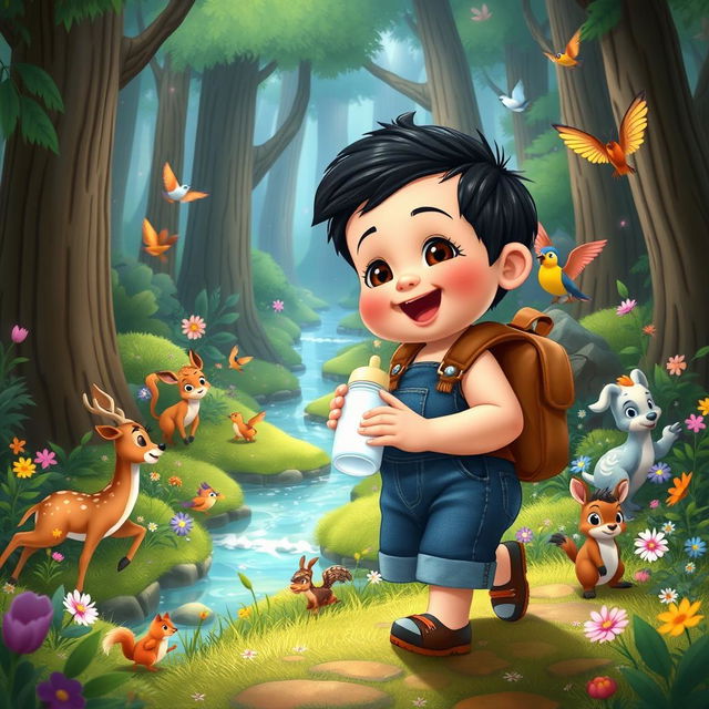 A cartoon scene from "Benjimen's Adventures in the Enchanted Forest," showing a toddler boy, about 10 months old, in a denim jumper and a brown backpack, holding a milk bottle