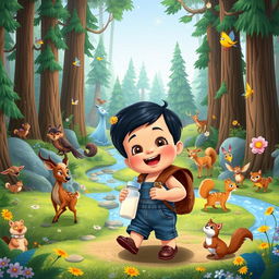 A cartoon scene from "Benjimen's Adventures in the Enchanted Forest," showing a toddler boy, about 10 months old, in a denim jumper and a brown backpack, holding a milk bottle