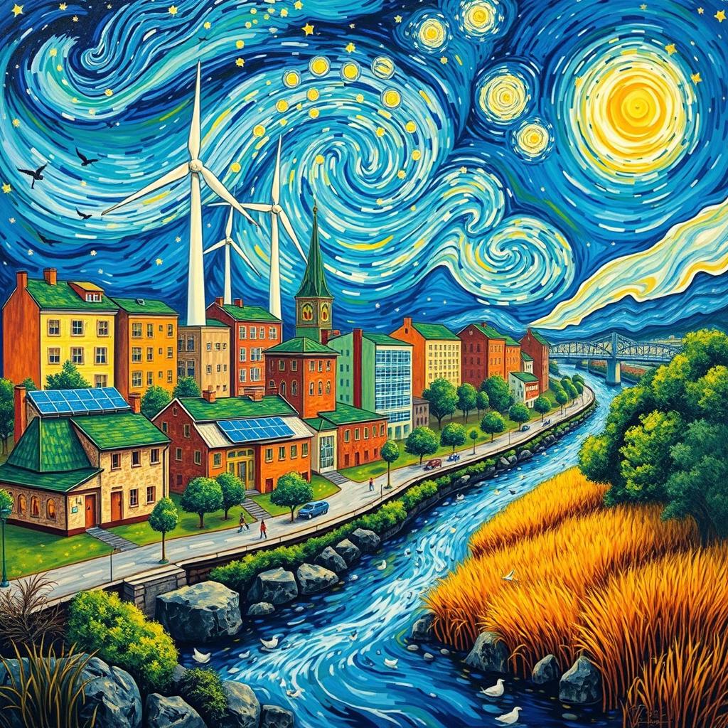 A vibrant painting of sustainable urban development inspired by Vincent van Gogh's distinctive style