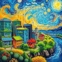 A vibrant painting of sustainable urban development inspired by Vincent van Gogh's distinctive style