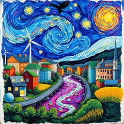 A vibrant painting of sustainable urban development inspired by Vincent van Gogh's distinctive style