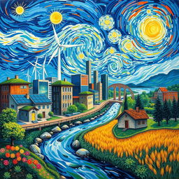 A vibrant painting of sustainable urban development inspired by Vincent van Gogh's distinctive style