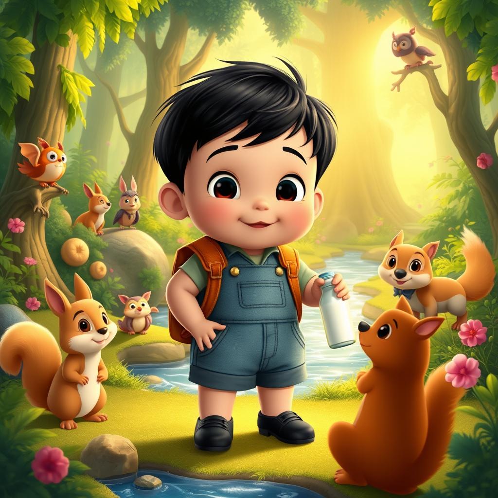 A charming cartoon scene from the movie 'Benjimen's Adventures in the Enchanted Forest,' featuring a 10-month-old toddler boy named Benjimen