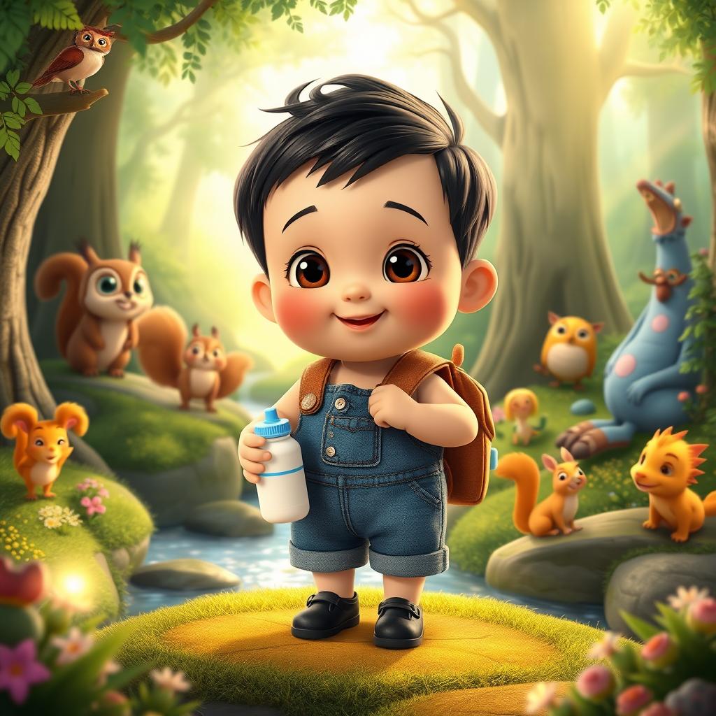 A charming cartoon scene from the movie 'Benjimen's Adventures in the Enchanted Forest,' featuring a 10-month-old toddler boy named Benjimen