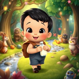 A charming cartoon scene from the movie 'Benjimen's Adventures in the Enchanted Forest,' featuring a 10-month-old toddler boy named Benjimen