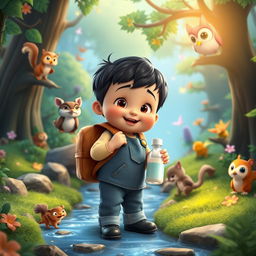 A charming cartoon scene from the movie 'Benjimen's Adventures in the Enchanted Forest,' featuring a 10-month-old toddler boy named Benjimen