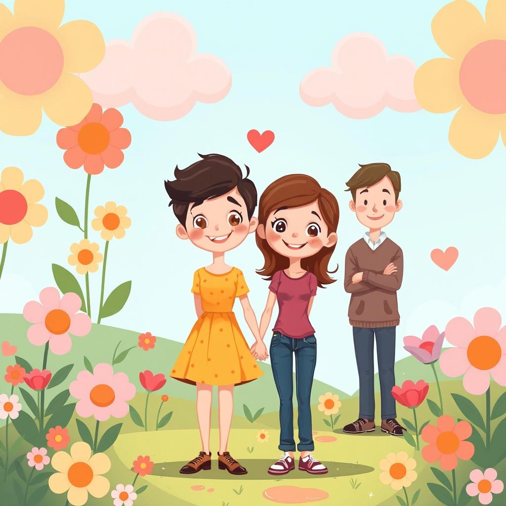 A charming, cartoon-style illustration of a romantic scene featuring two young lovers holding hands, surrounded by a playful, colorful landscape filled with oversized flowers and fluffy clouds