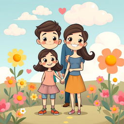 A charming, cartoon-style illustration of a romantic scene featuring two young lovers holding hands, surrounded by a playful, colorful landscape filled with oversized flowers and fluffy clouds