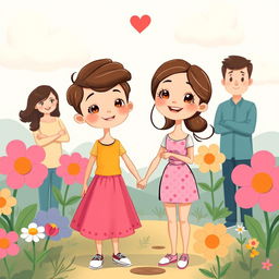 A charming, cartoon-style illustration of a romantic scene featuring two young lovers holding hands, surrounded by a playful, colorful landscape filled with oversized flowers and fluffy clouds