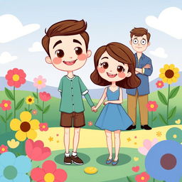 A charming, cartoon-style illustration of a romantic scene featuring two young lovers holding hands, surrounded by a playful, colorful landscape filled with oversized flowers and fluffy clouds