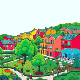 A vibrant depiction of a sustainable development community in the style of David Hockney