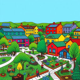 A vibrant depiction of a sustainable development community in the style of David Hockney