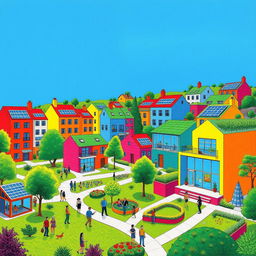 A vibrant depiction of a sustainable development community in the style of David Hockney