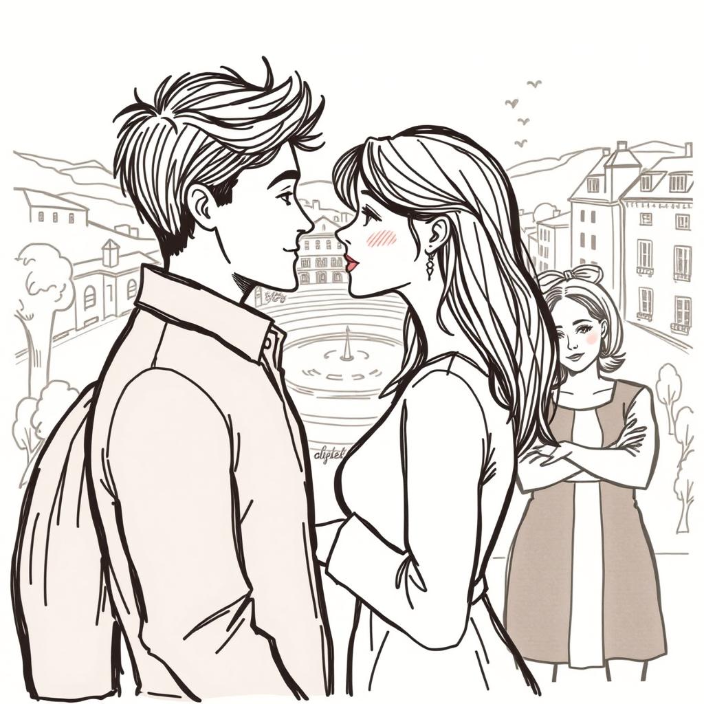 A captivating illustration in a hand-drawn style featuring a romantic scene with two lovers gazing into each other's eyes, their expressions filled with love and affection