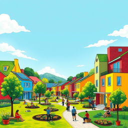 A vibrant depiction of a sustainable development community in the style of David Hockney